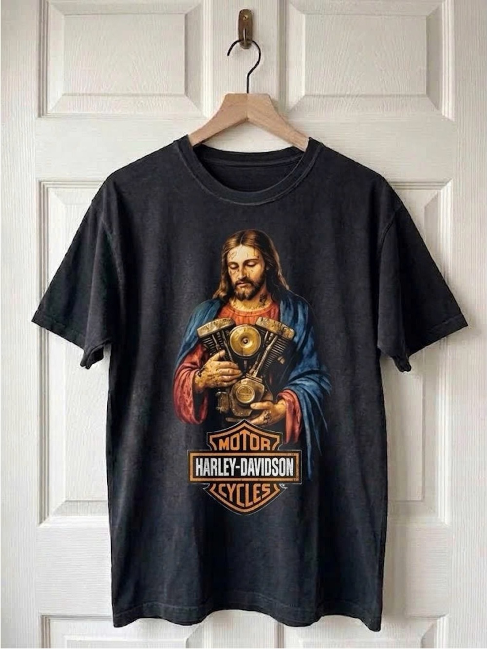 Harley-Davidson Black Graphic Tee - Jesus Motor Engine Print